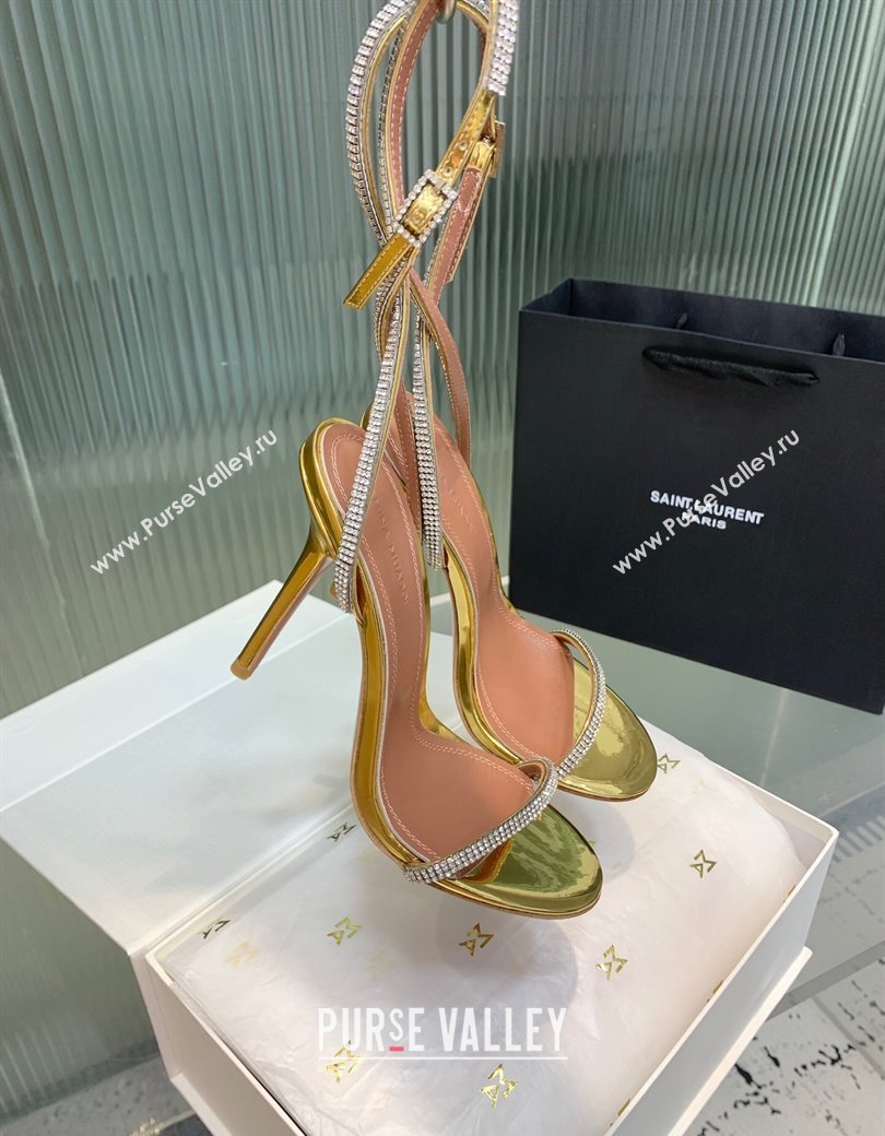Amina Muaddi Vita Heeled Sandals 10cm in Mirror Leather and Strass with Strap Gold 2025 (KER-250219074)
