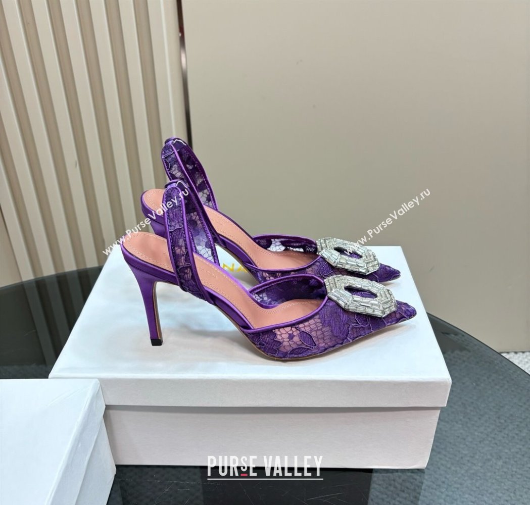 Amina Muaddi Camelia Slingback Pumps 9.8cm in Lace with Rectangular Strass Buckle Purple 2025 0219 (MD-250219027)