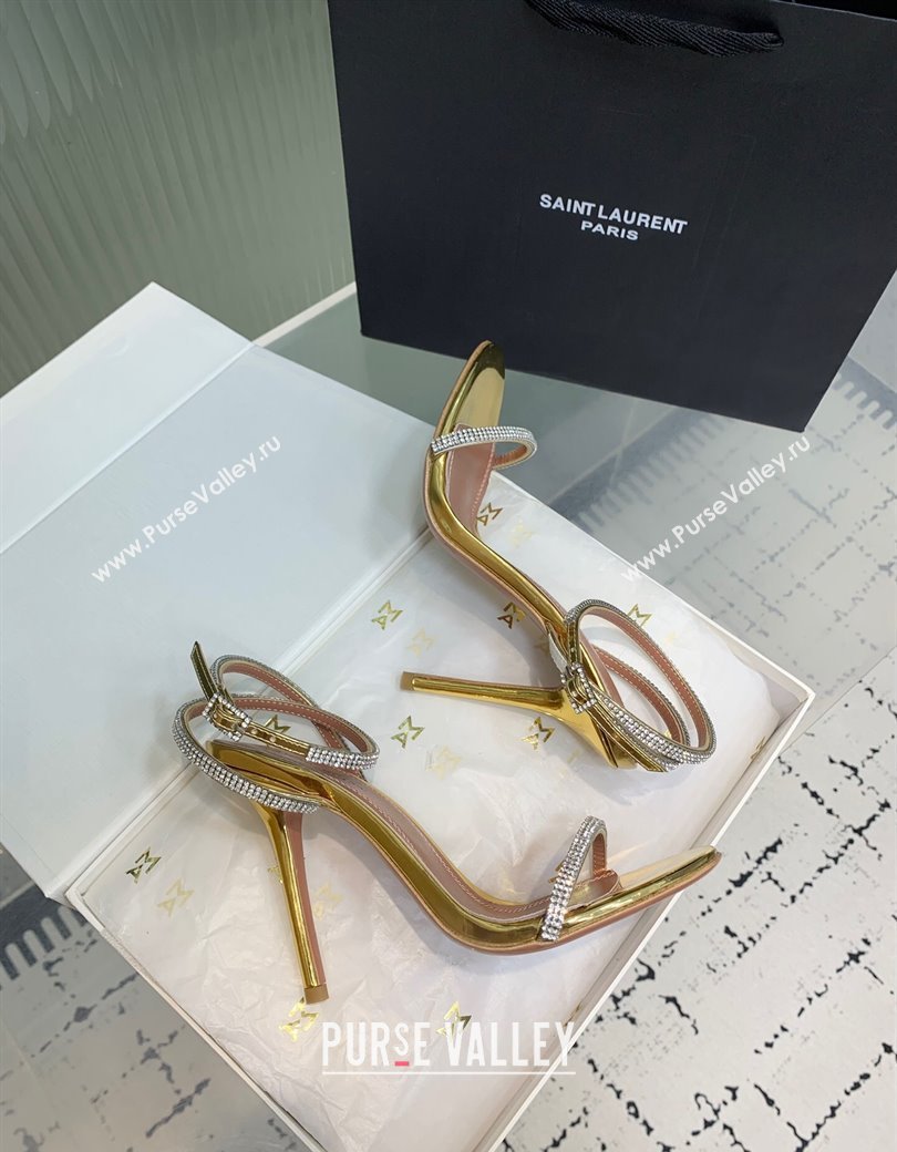 Amina Muaddi Vita Heeled Sandals 10cm in Mirror Leather and Strass with Strap Gold 2025 (KER-250219074)