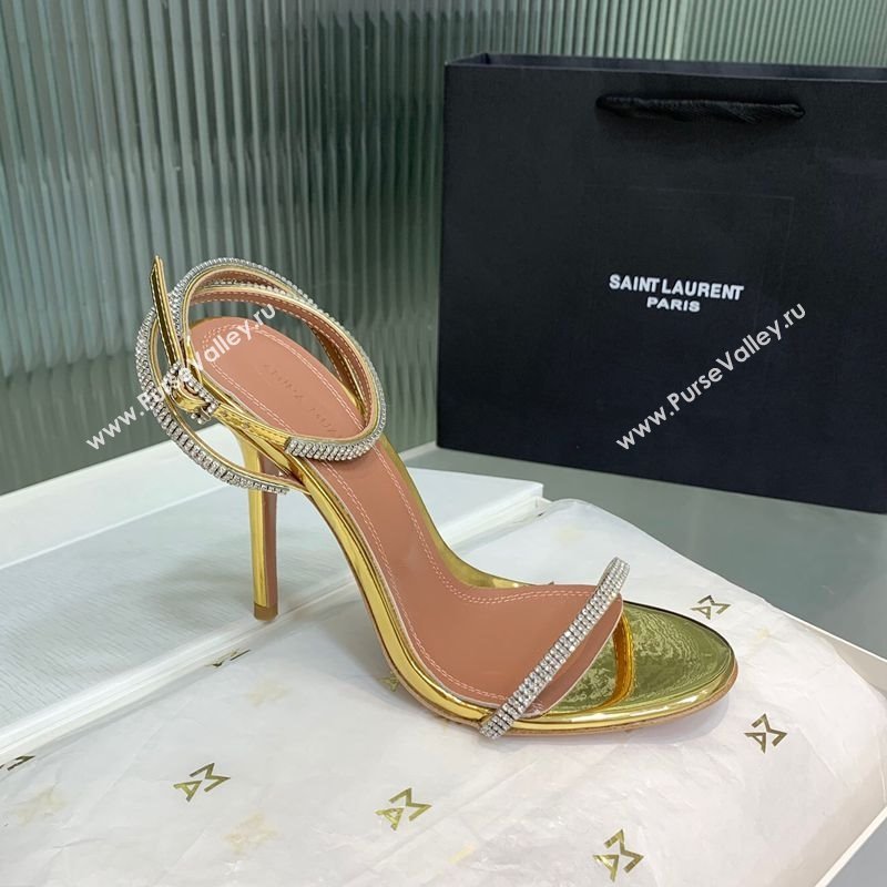 Amina Muaddi Vita Heeled Sandals 10cm in Mirror Leather and Strass with Strap Gold 2025 (KER-250219074)