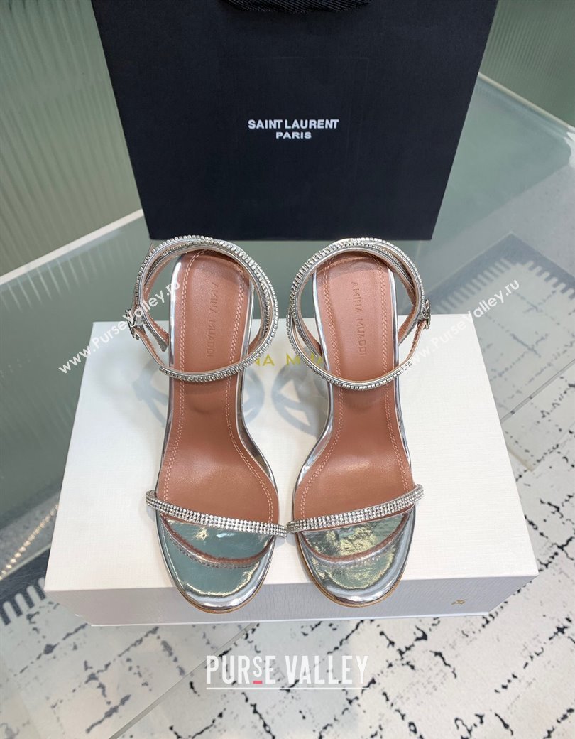 Amina Muaddi Vita Heeled Sandals 10cm in Mirror Leather and Strass with Strap Silver 2025 (KER-250219075)