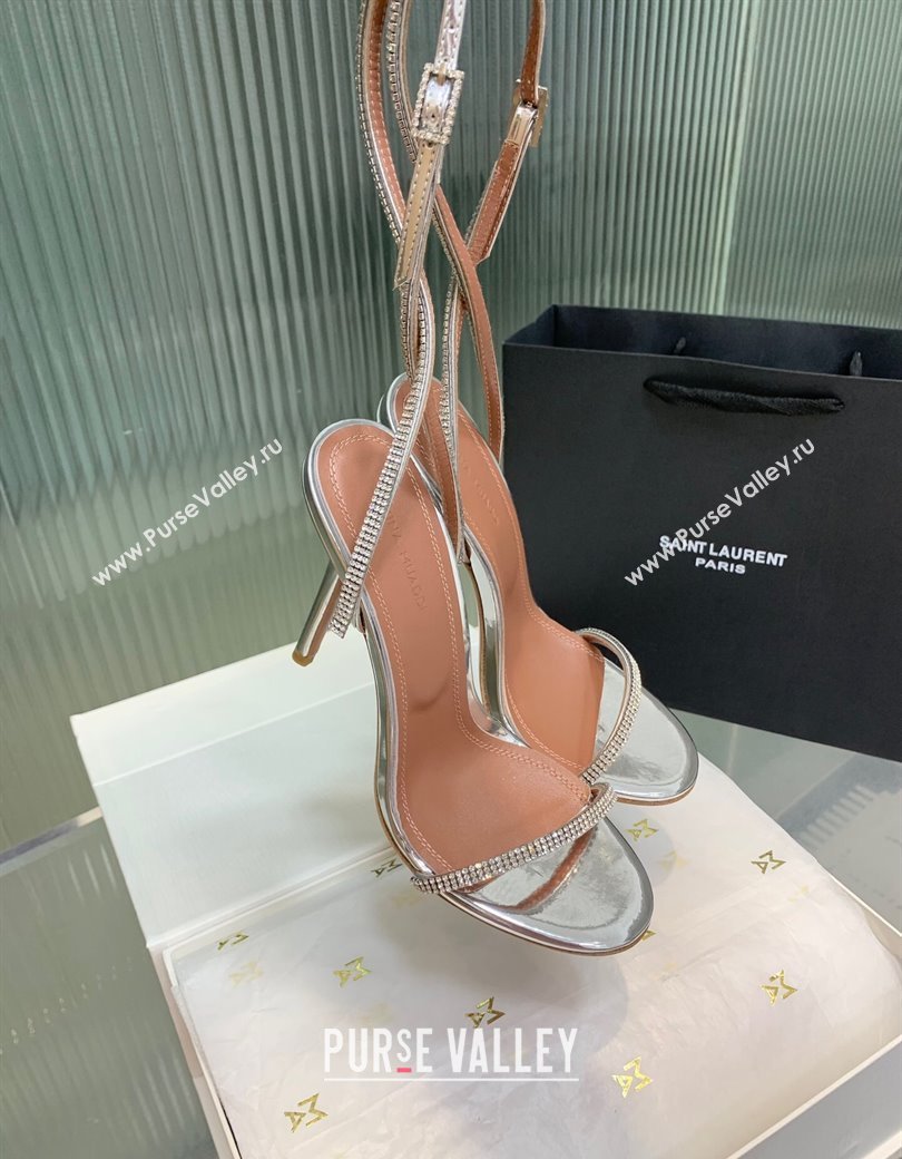 Amina Muaddi Vita Heeled Sandals 10cm in Mirror Leather and Strass with Strap Silver 2025 (KER-250219075)