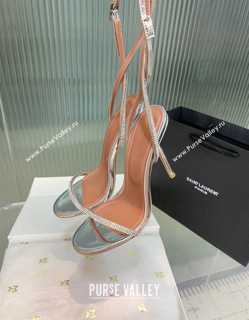 Amina Muaddi Vita Heeled Sandals 10cm in Mirror Leather and Strass with Strap Silver 2025 (KER-250219075)