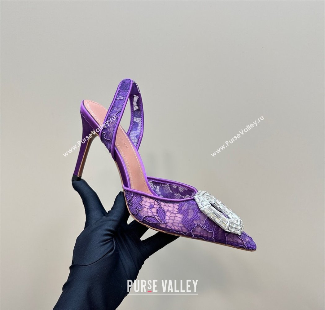 Amina Muaddi Camelia Slingback Pumps 9.8cm in Lace with Rectangular Strass Buckle Purple 2025 0219 (MD-250219027)