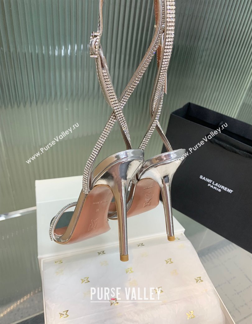Amina Muaddi Vita Heeled Sandals 10cm in Mirror Leather and Strass with Strap Silver 2025 (KER-250219075)