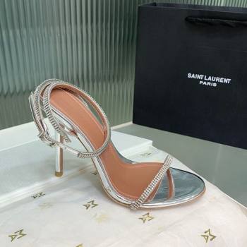 Amina Muaddi Vita Heeled Sandals 10cm in Mirror Leather and Strass with Strap Silver 2025 (KER-250219075)