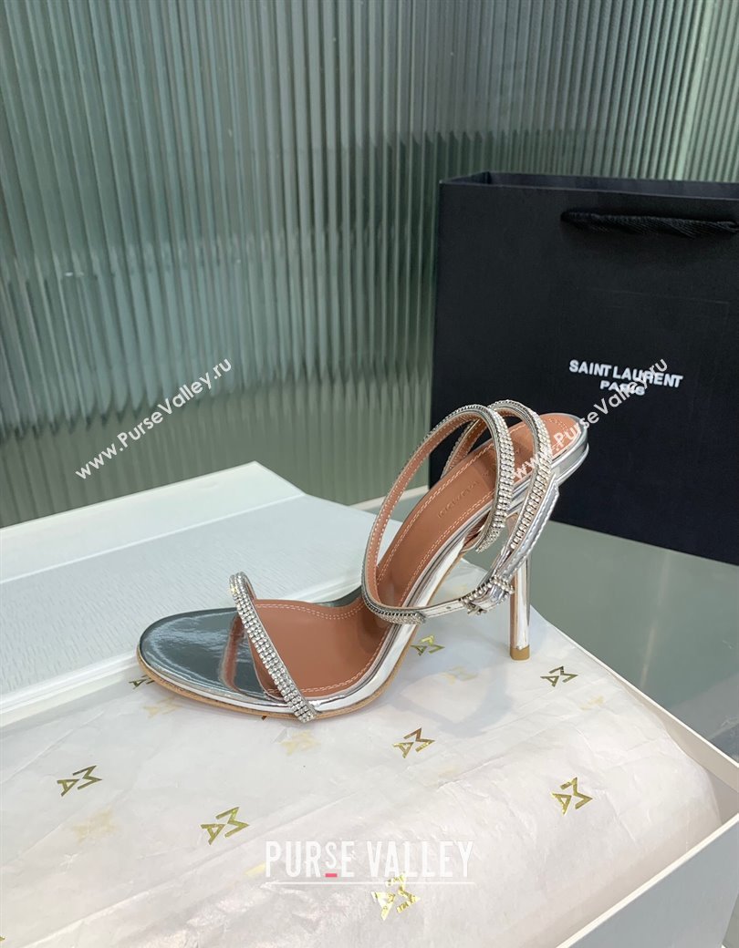 Amina Muaddi Vita Heeled Sandals 10cm in Mirror Leather and Strass with Strap Silver 2025 (KER-250219075)