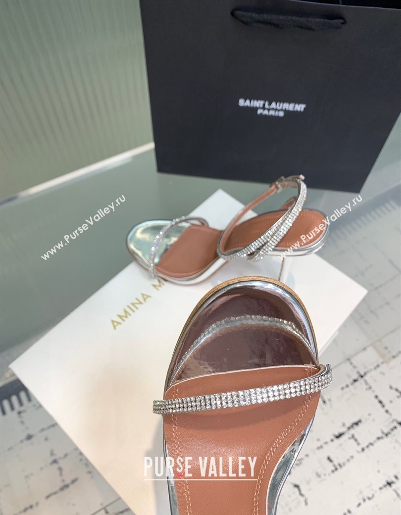 Amina Muaddi Vita Heeled Sandals 10cm in Mirror Leather and Strass with Strap Silver 2025 (KER-250219075)