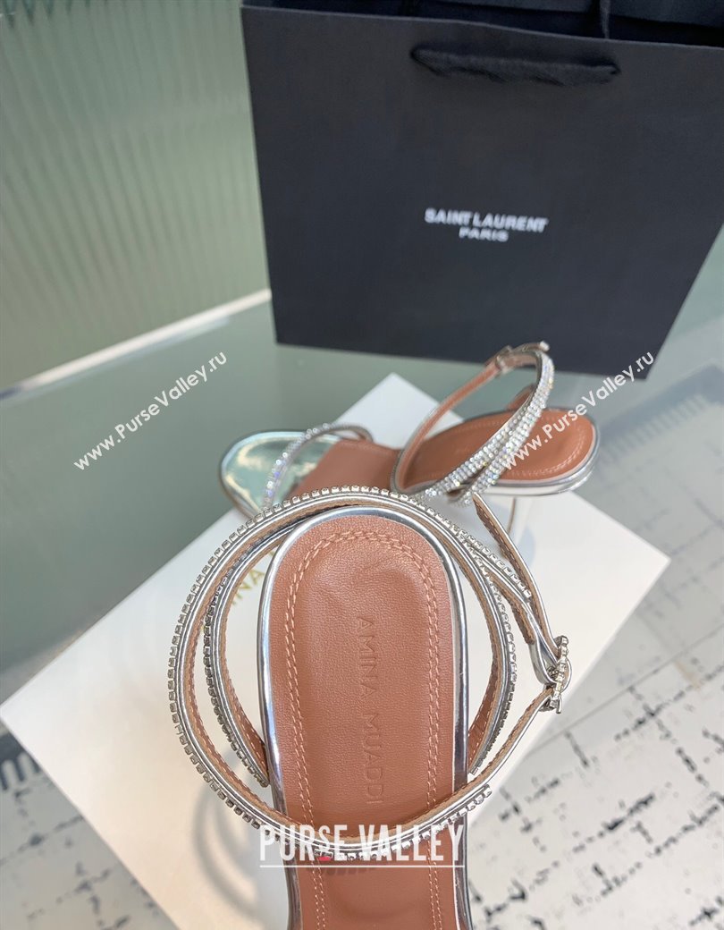 Amina Muaddi Vita Heeled Sandals 10cm in Mirror Leather and Strass with Strap Silver 2025 (KER-250219075)