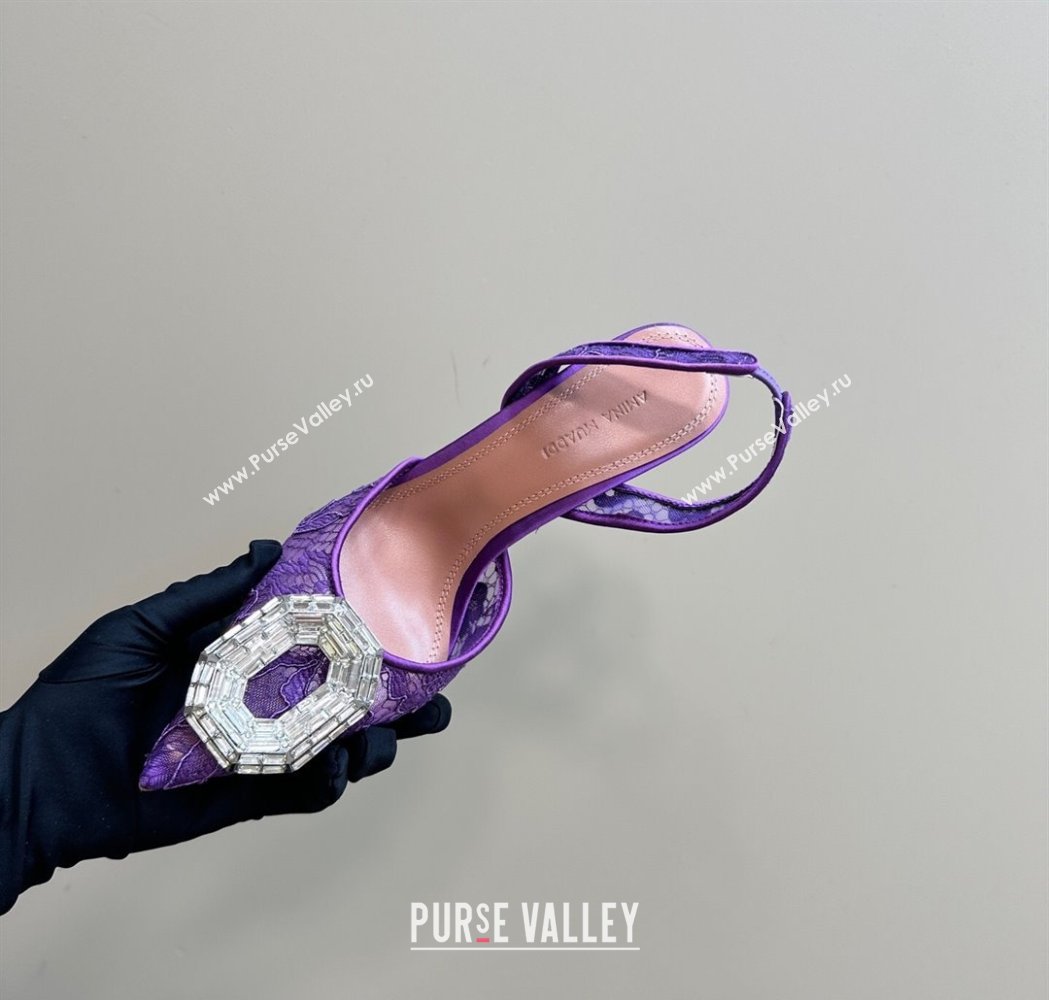 Amina Muaddi Camelia Slingback Pumps 9.8cm in Lace with Rectangular Strass Buckle Purple 2025 0219 (MD-250219027)