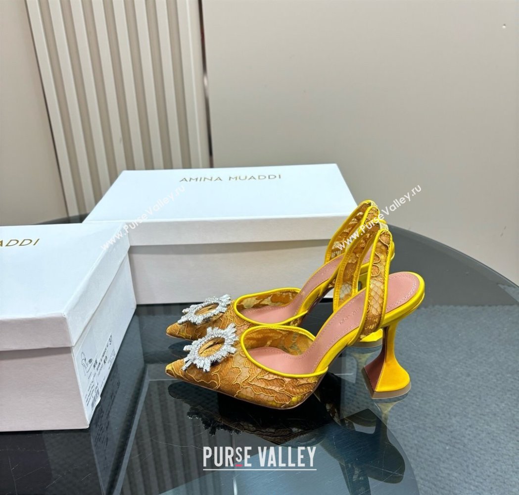 Amina Muaddi Begum Embellished Slingback Pumps 9.8 cm in Lace and Strass Buckle Yellow 2025 0219 (MD-250219030)