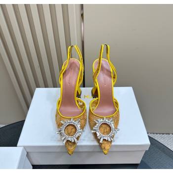 Amina Muaddi Begum Embellished Slingback Pumps 9.8 cm in Lace and Strass Buckle Yellow 2025 0219 (MD-250219030)