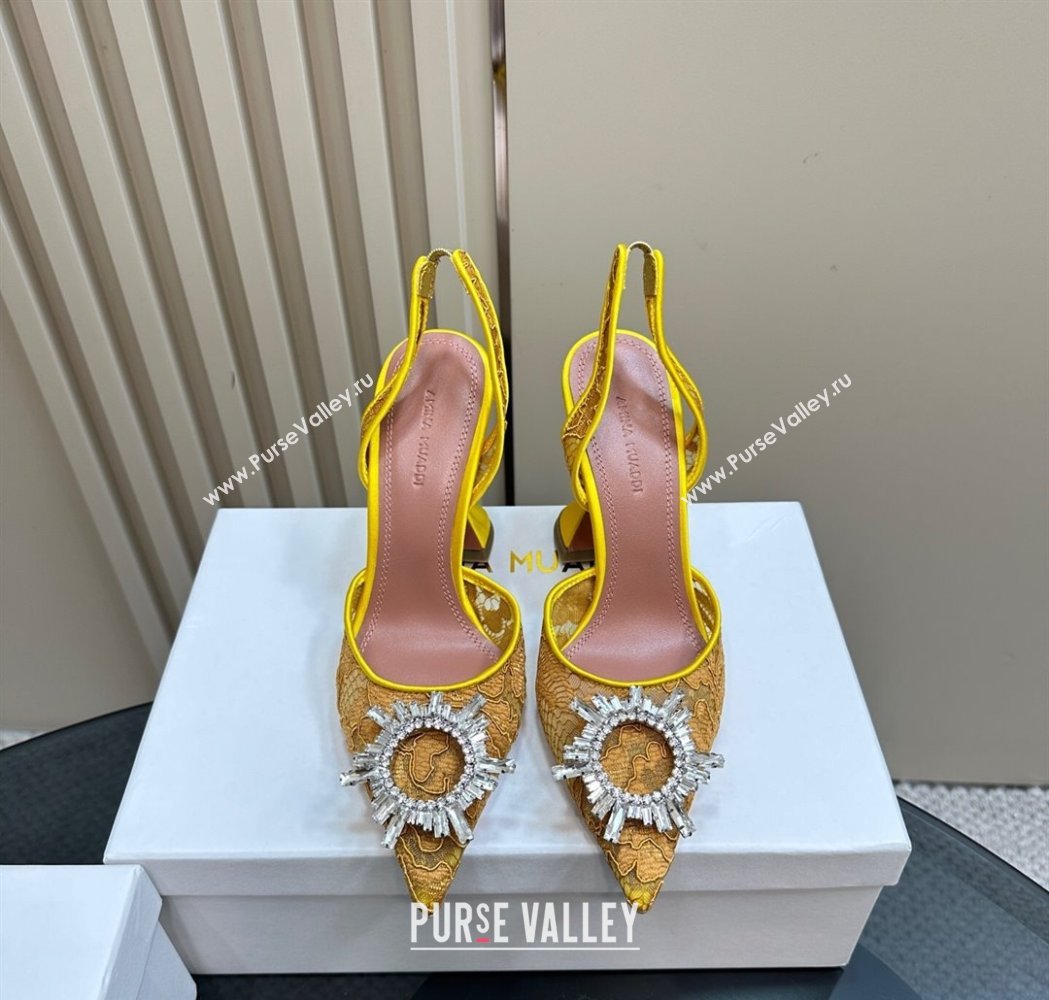 Amina Muaddi Begum Embellished Slingback Pumps 9.8 cm in Lace and Strass Buckle Yellow 2025 0219 (MD-250219030)