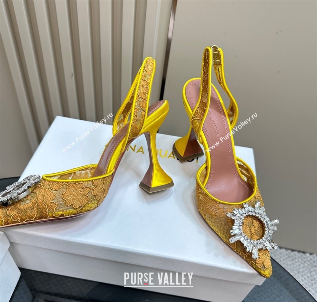Amina Muaddi Begum Embellished Slingback Pumps 9.8 cm in Lace and Strass Buckle Yellow 2025 0219 (MD-250219030)