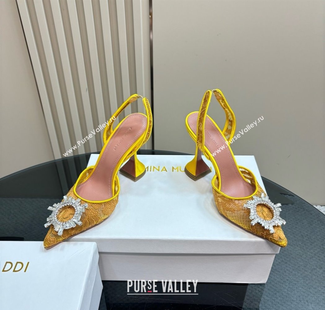 Amina Muaddi Begum Embellished Slingback Pumps 9.8 cm in Lace and Strass Buckle Yellow 2025 0219 (MD-250219030)