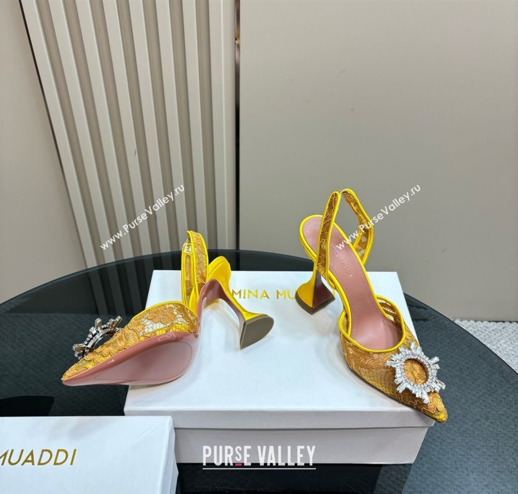 Amina Muaddi Begum Embellished Slingback Pumps 9.8 cm in Lace and Strass Buckle Yellow 2025 0219 (MD-250219030)