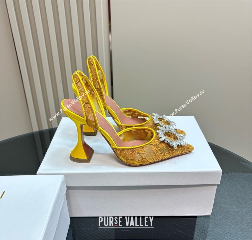 Amina Muaddi Begum Embellished Slingback Pumps 9.8 cm in Lace and Strass Buckle Yellow 2025 0219 (MD-250219030)