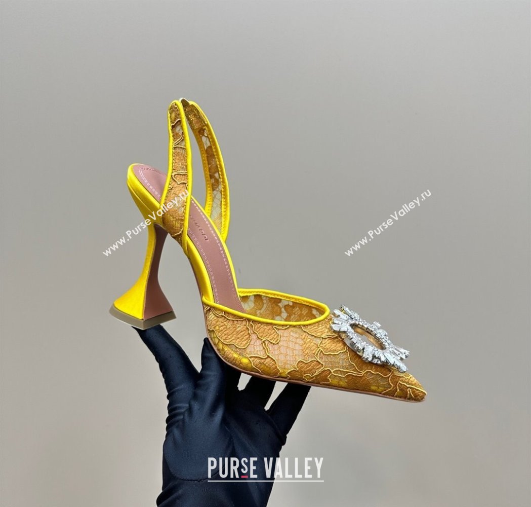 Amina Muaddi Begum Embellished Slingback Pumps 9.8 cm in Lace and Strass Buckle Yellow 2025 0219 (MD-250219030)