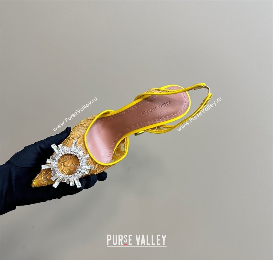 Amina Muaddi Begum Embellished Slingback Pumps 9.8 cm in Lace and Strass Buckle Yellow 2025 0219 (MD-250219030)