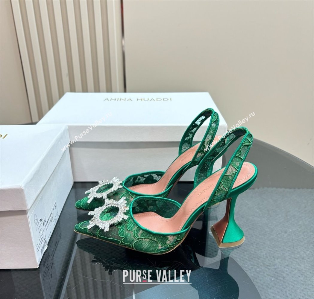 Amina Muaddi Begum Embellished Slingback Pumps 9.8 cm in Lace and Strass Buckle Green 2025 0219 (MD-250219031)
