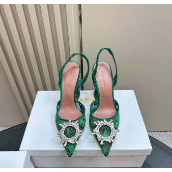 Amina Muaddi Begum Embellished Slingback Pumps 9.8 cm in Lace and Strass Buckle Green 2025 0219 (MD-250219031)