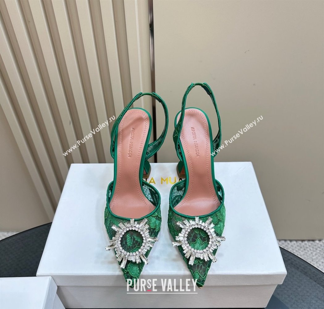 Amina Muaddi Begum Embellished Slingback Pumps 9.8 cm in Lace and Strass Buckle Green 2025 0219 (MD-250219031)