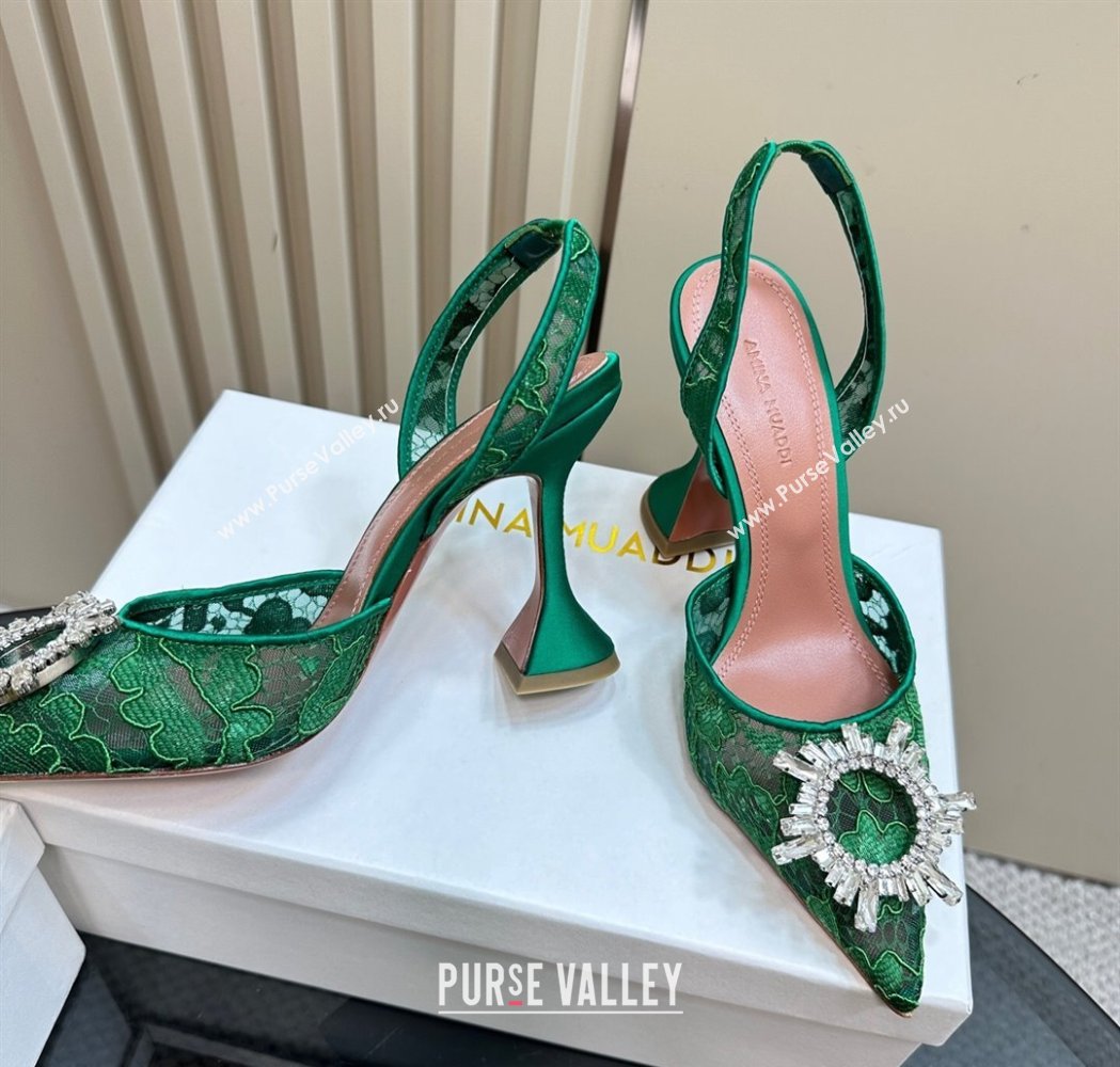 Amina Muaddi Begum Embellished Slingback Pumps 9.8 cm in Lace and Strass Buckle Green 2025 0219 (MD-250219031)