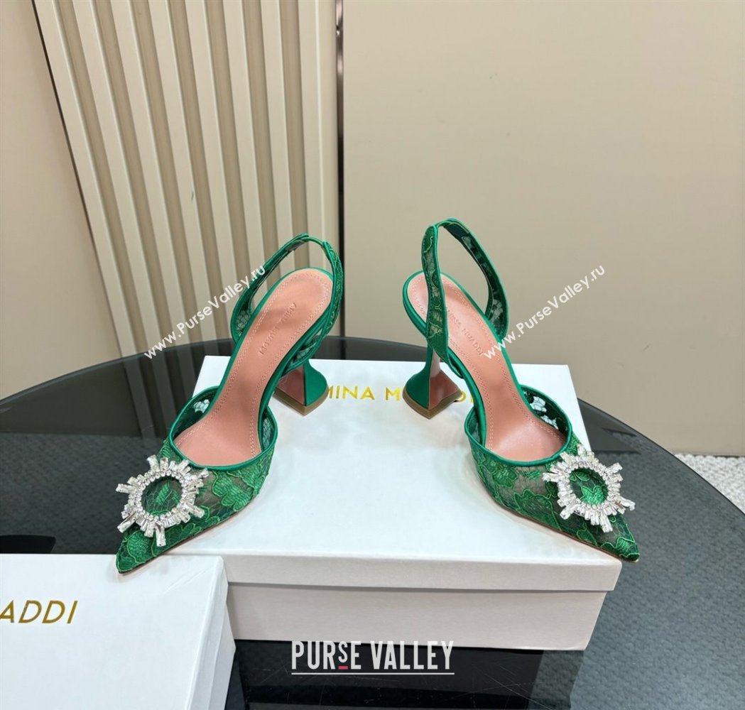 Amina Muaddi Begum Embellished Slingback Pumps 9.8 cm in Lace and Strass Buckle Green 2025 0219 (MD-250219031)