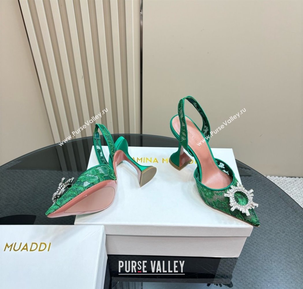 Amina Muaddi Begum Embellished Slingback Pumps 9.8 cm in Lace and Strass Buckle Green 2025 0219 (MD-250219031)