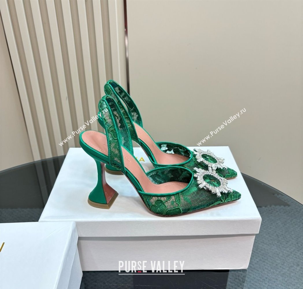 Amina Muaddi Begum Embellished Slingback Pumps 9.8 cm in Lace and Strass Buckle Green 2025 0219 (MD-250219031)