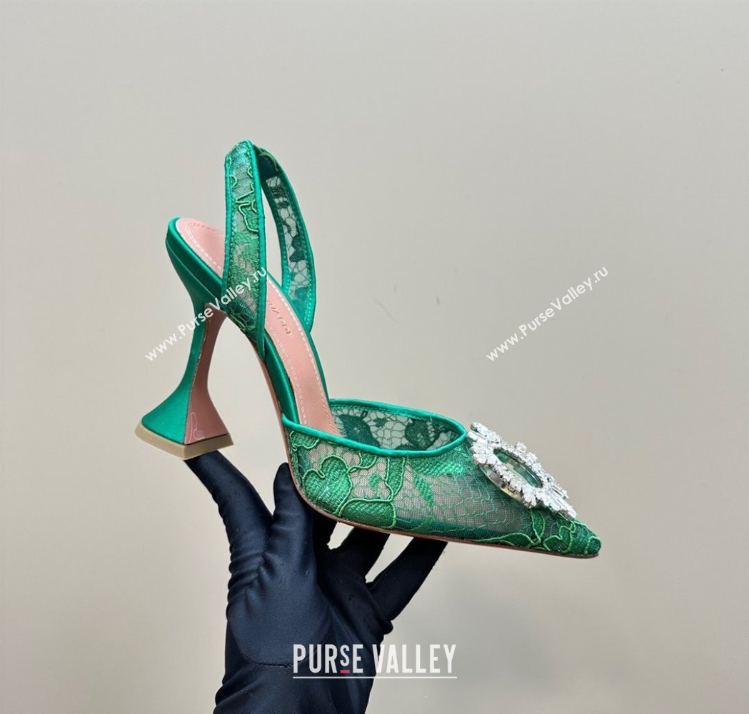 Amina Muaddi Begum Embellished Slingback Pumps 9.8 cm in Lace and Strass Buckle Green 2025 0219 (MD-250219031)