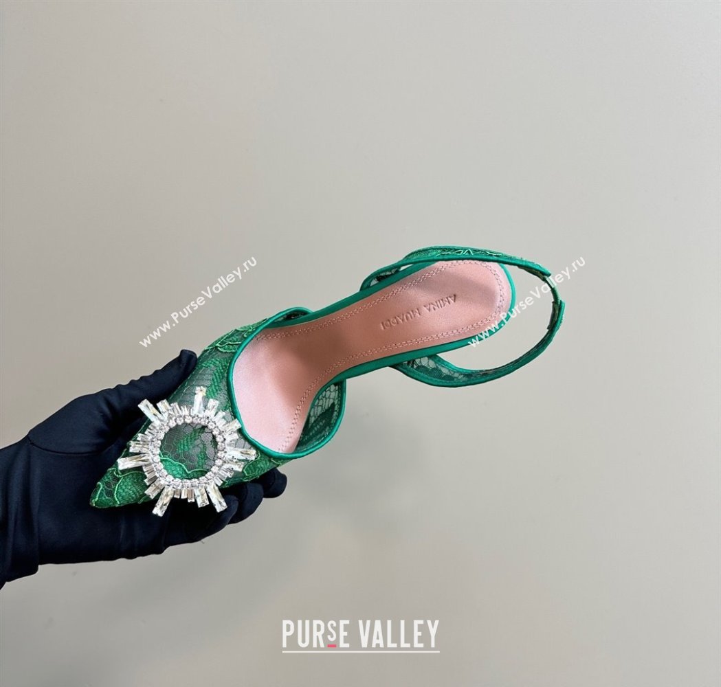 Amina Muaddi Begum Embellished Slingback Pumps 9.8 cm in Lace and Strass Buckle Green 2025 0219 (MD-250219031)