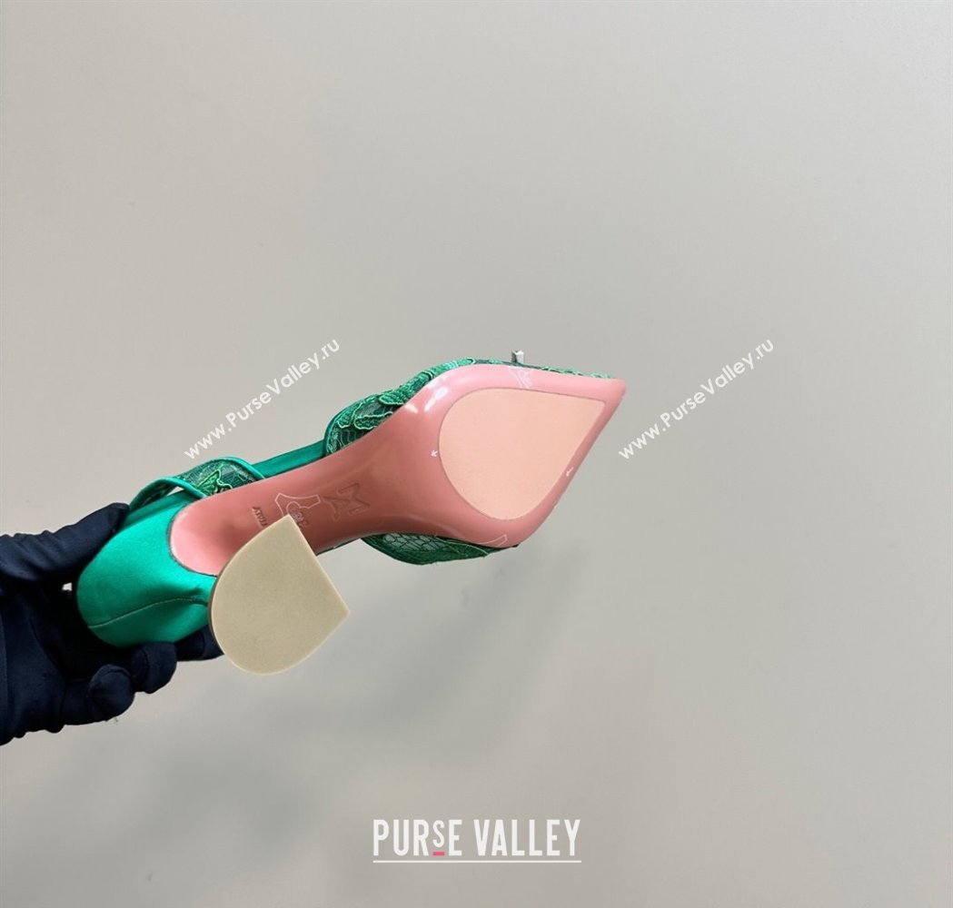 Amina Muaddi Begum Embellished Slingback Pumps 9.8 cm in Lace and Strass Buckle Green 2025 0219 (MD-250219031)