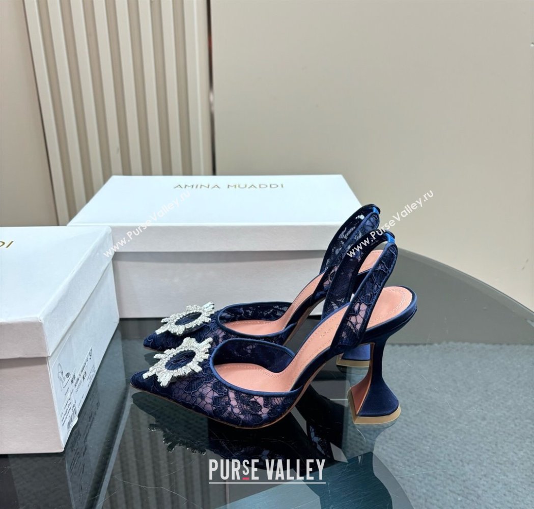 Amina Muaddi Begum Embellished Slingback Pumps 9.8 cm in Lace and Strass Buckle Dark Blue 2025 0219 (MD-250219033)