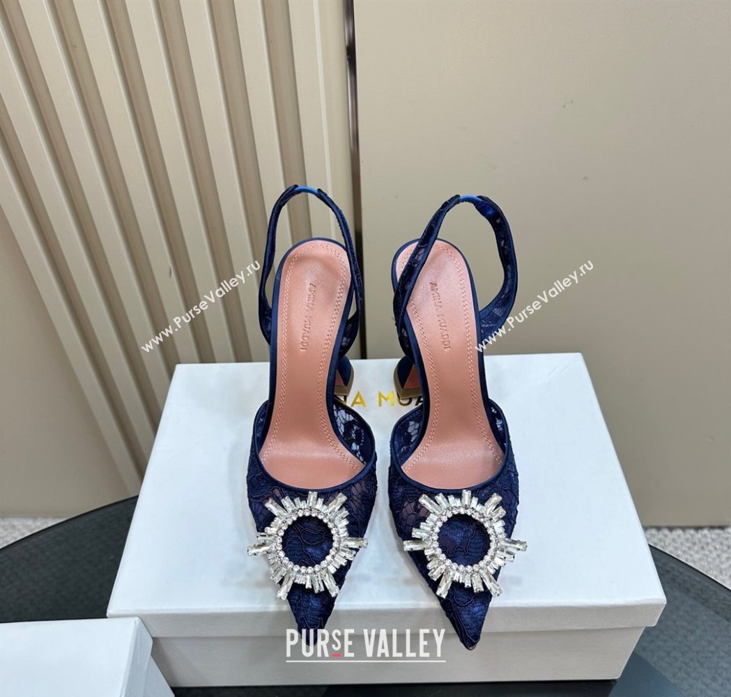 Amina Muaddi Begum Embellished Slingback Pumps 9.8 cm in Lace and Strass Buckle Dark Blue 2025 0219 (MD-250219033)