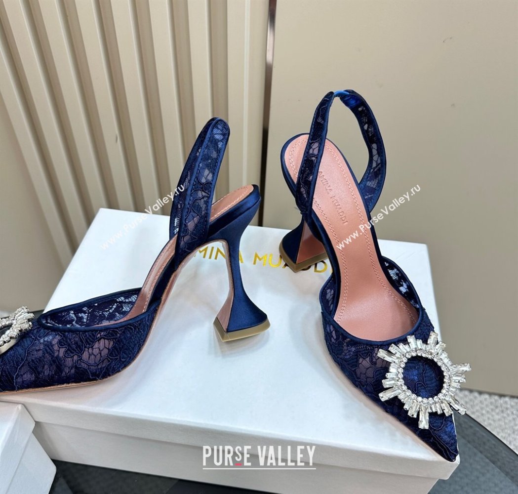 Amina Muaddi Begum Embellished Slingback Pumps 9.8 cm in Lace and Strass Buckle Dark Blue 2025 0219 (MD-250219033)