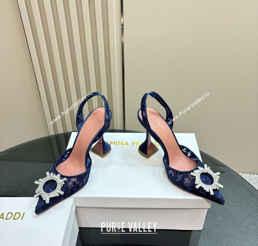 Amina Muaddi Begum Embellished Slingback Pumps 9.8 cm in Lace and Strass Buckle Dark Blue 2025 0219 (MD-250219033)