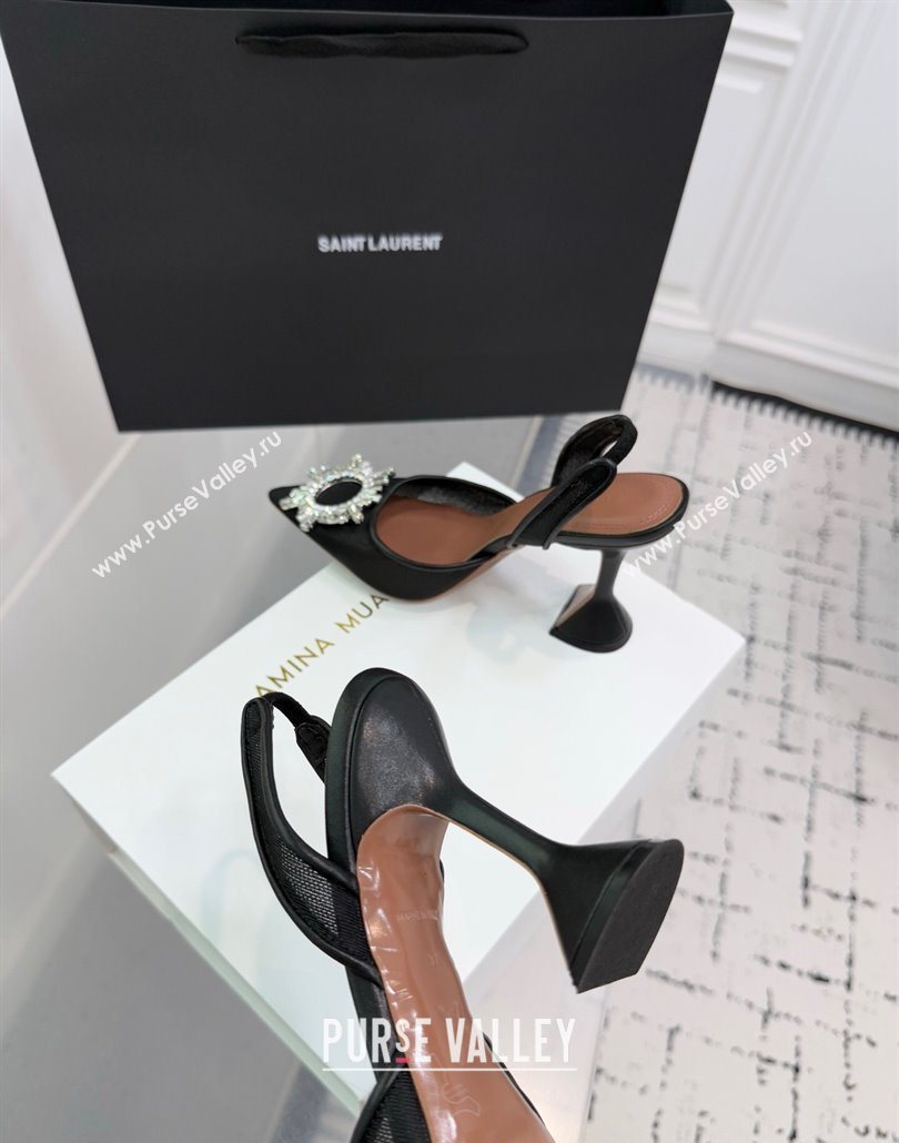 Amina Muaddi Begum Embellished Slingback Pumps 9.5cm in Mesh and Strass Buckle Black 2025 0604 (KER-250604117)