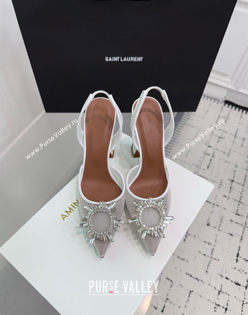Amina Muaddi Begum Embellished Slingback Pumps 9.5cm in Mesh and Strass Buckle White 2025 0604 (KER-250604118)