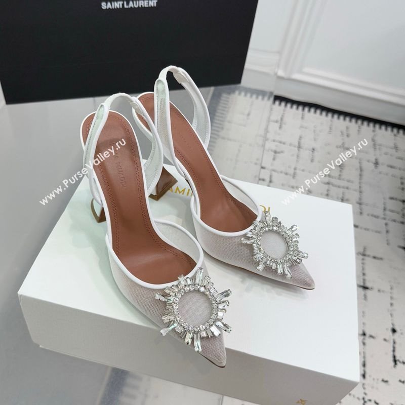 Amina Muaddi Begum Embellished Slingback Pumps 9.5cm in Mesh and Strass Buckle White 2025 0604 (KER-250604118)