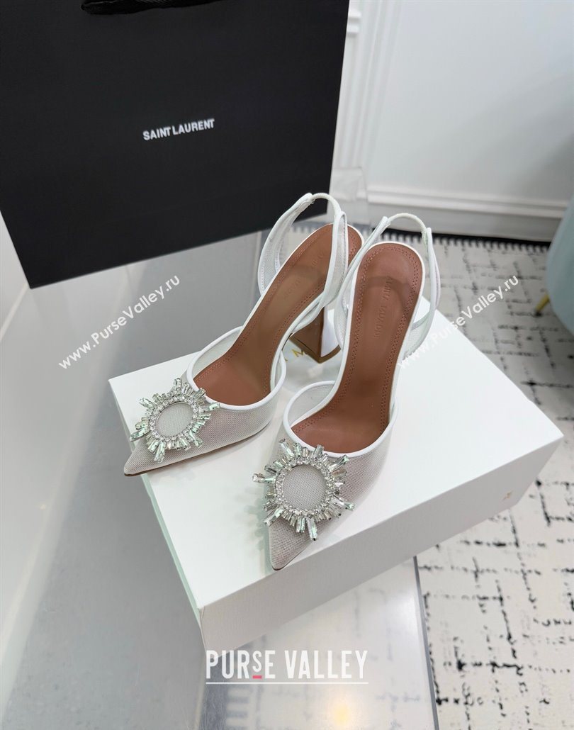 Amina Muaddi Begum Embellished Slingback Pumps 9.5cm in Mesh and Strass Buckle White 2025 0604 (KER-250604118)