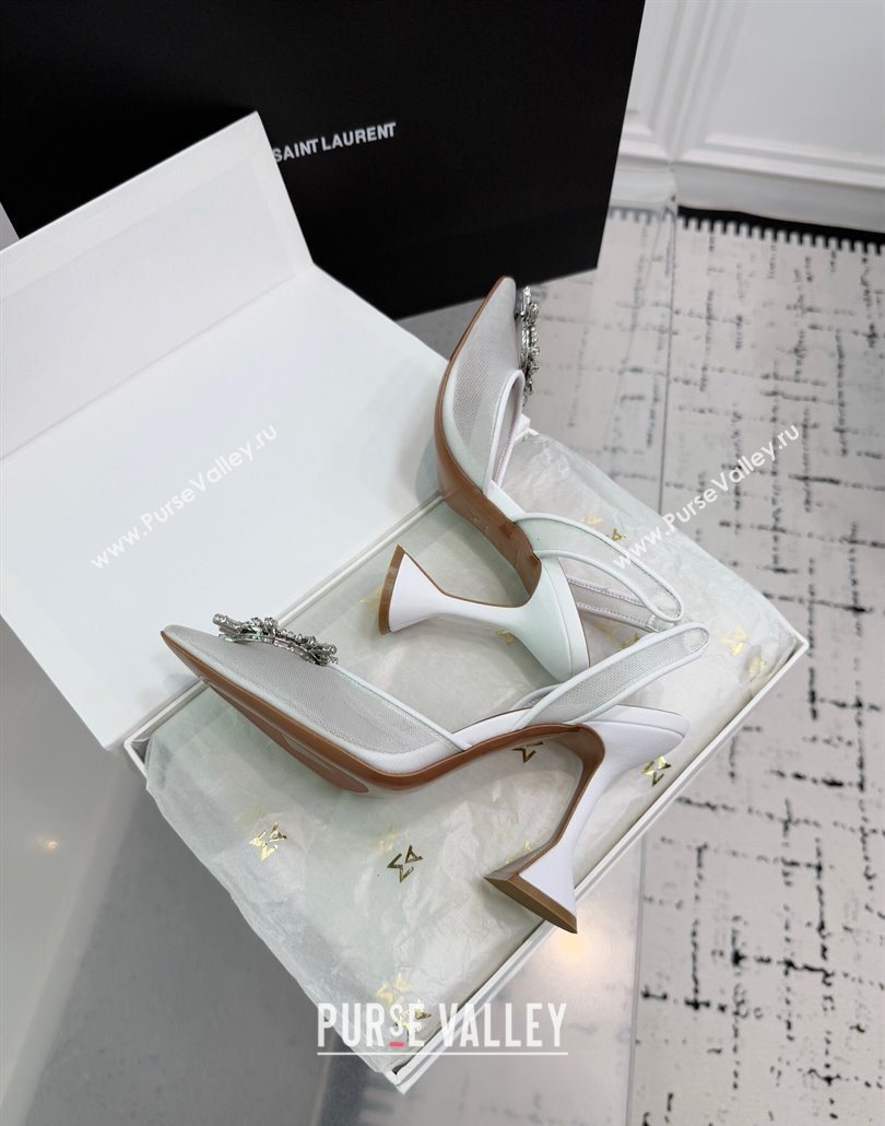 Amina Muaddi Begum Embellished Slingback Pumps 9.5cm in Mesh and Strass Buckle White 2025 0604 (KER-250604118)