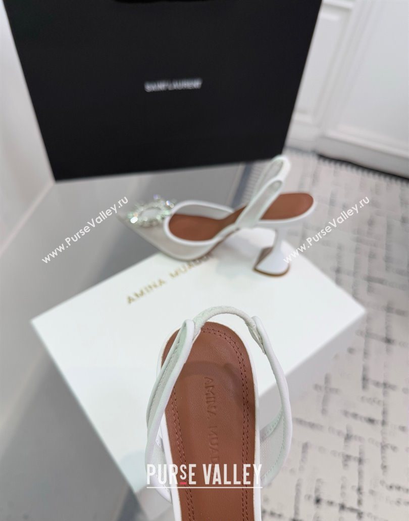 Amina Muaddi Begum Embellished Slingback Pumps 9.5cm in Mesh and Strass Buckle White 2025 0604 (KER-250604118)