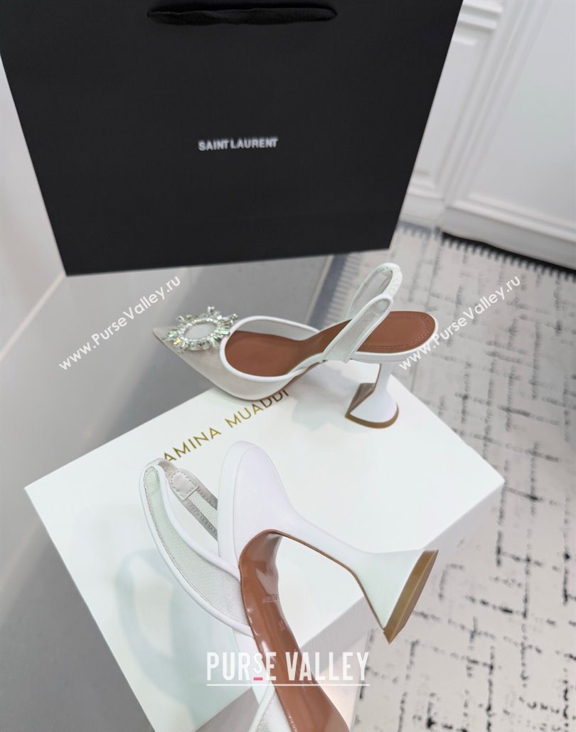 Amina Muaddi Begum Embellished Slingback Pumps 9.5cm in Mesh and Strass Buckle White 2025 0604 (KER-250604118)