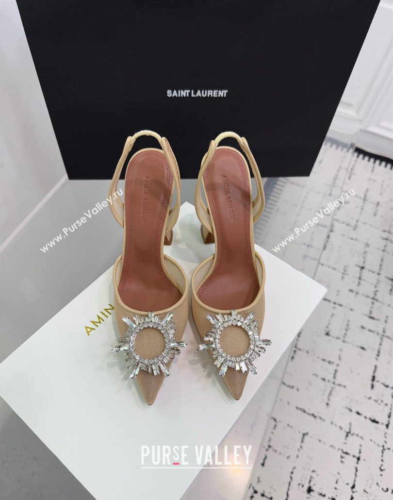 Amina Muaddi Begum Embellished Slingback Pumps 9.5cm in Mesh and Strass Buckle Beige 2025 0604 (KER-250604119)