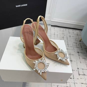 Amina Muaddi Begum Embellished Slingback Pumps 9.5cm in Mesh and Strass Buckle Beige 2025 0604 (KER-250604119)