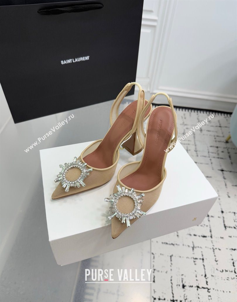 Amina Muaddi Begum Embellished Slingback Pumps 9.5cm in Mesh and Strass Buckle Beige 2025 0604 (KER-250604119)