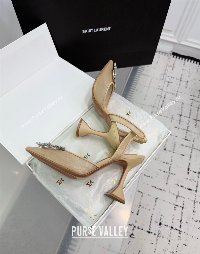 Amina Muaddi Begum Embellished Slingback Pumps 9.5cm in Mesh and Strass Buckle Beige 2025 0604 (KER-250604119)