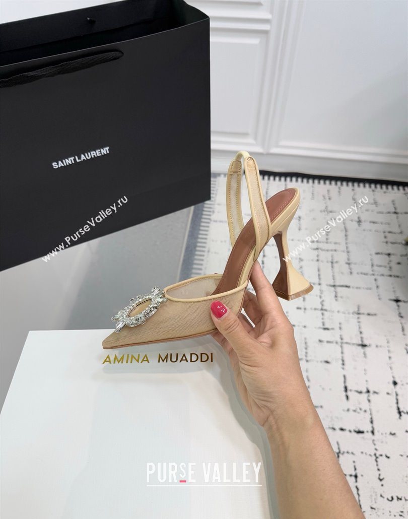 Amina Muaddi Begum Embellished Slingback Pumps 9.5cm in Mesh and Strass Buckle Beige 2025 0604 (KER-250604119)