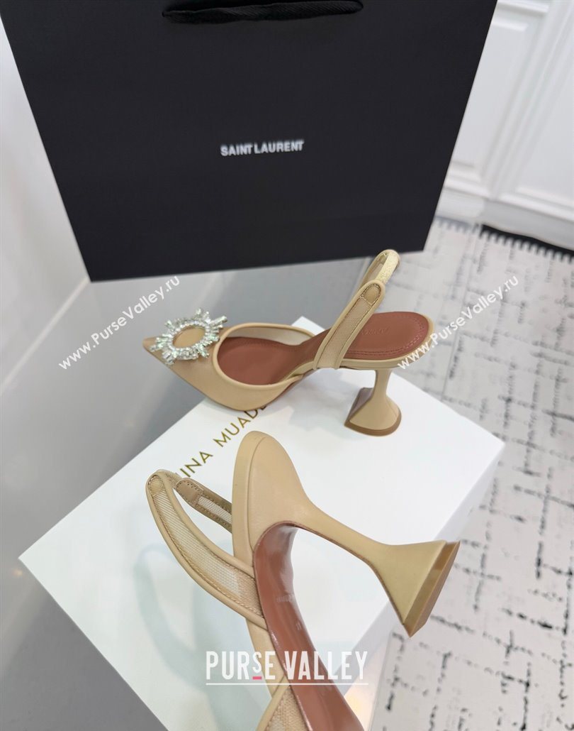 Amina Muaddi Begum Embellished Slingback Pumps 9.5cm in Mesh and Strass Buckle Beige 2025 0604 (KER-250604119)